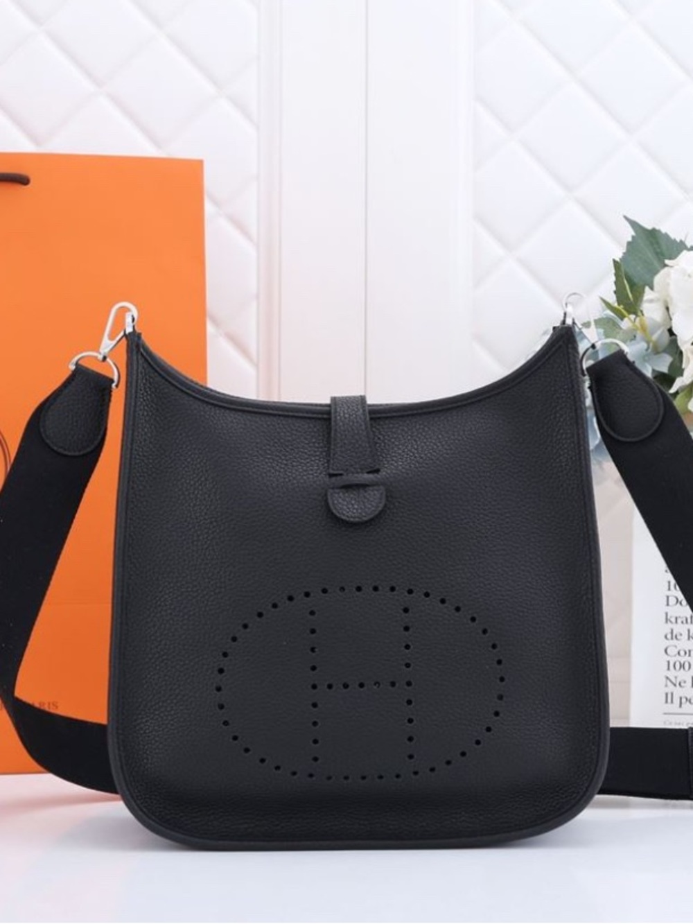 NEW! Black Leather Shoulder Bag with Perforated H Logo Detail